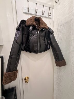 Fashion Nova Black Faux Leather Bomber with Brown Shearling Trim